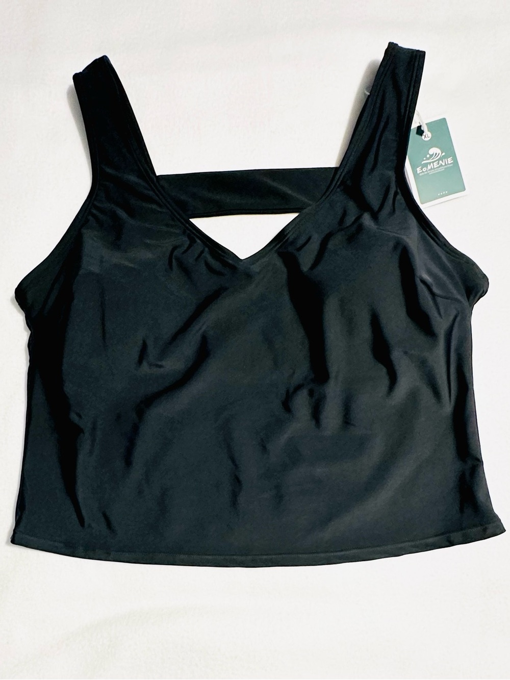 NWT Eomemie Black Tankini V-Neck One-Piece Swim Top Sports Bra with Back Strap